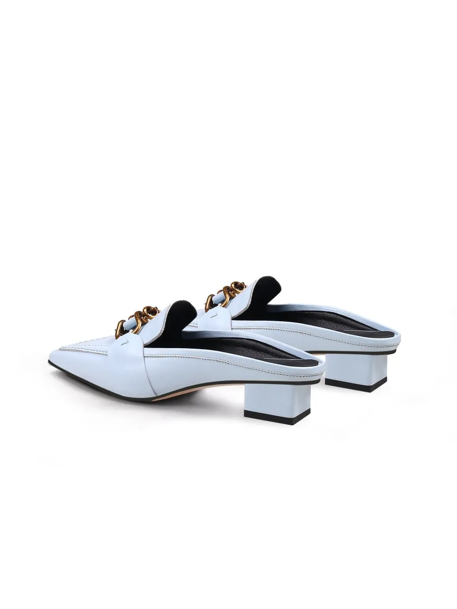 Genuine Leather Golden Lock Chain Mules Sandals - Baby Blue