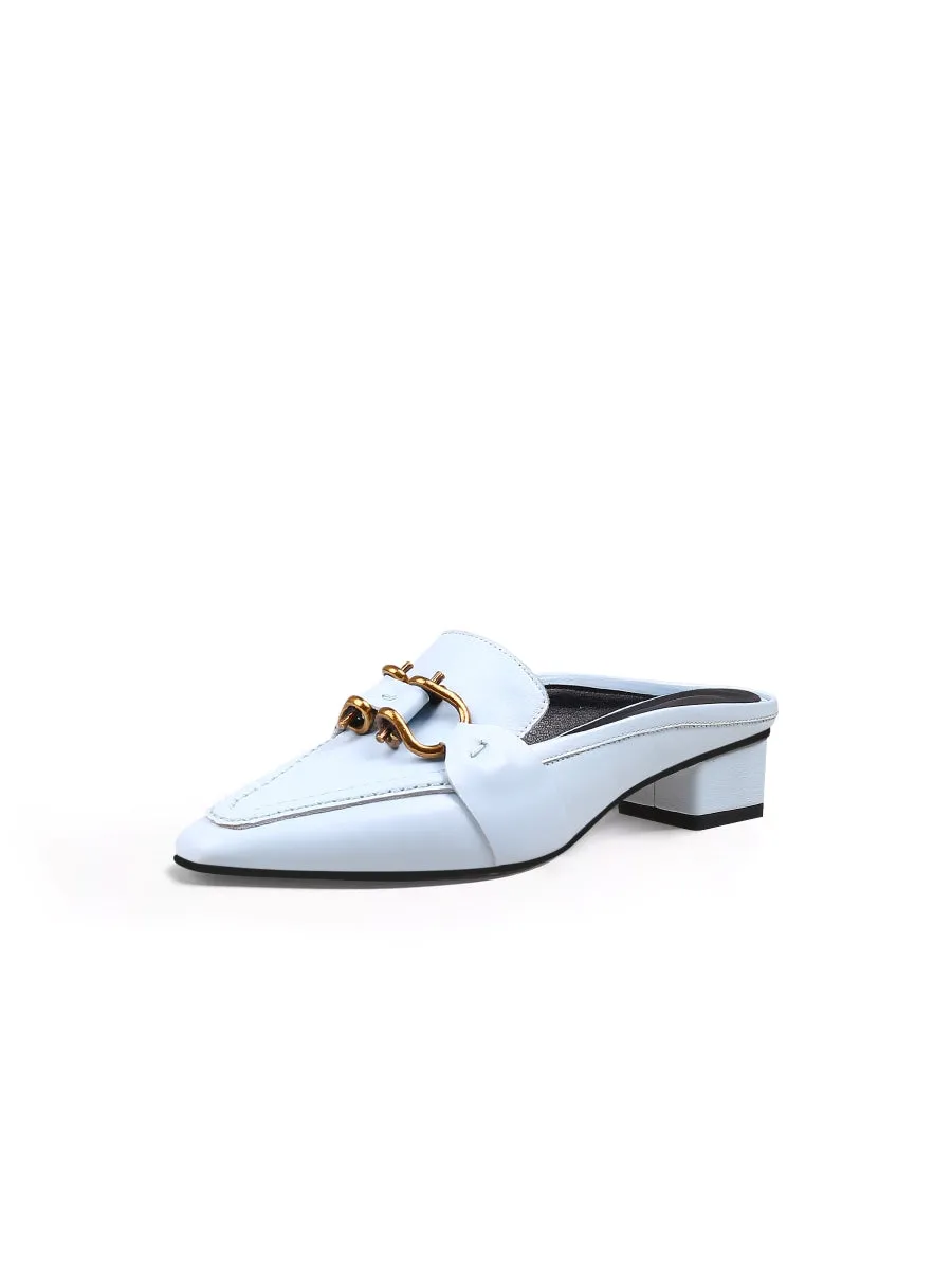 Genuine Leather Golden Lock Chain Mules Sandals - Baby Blue