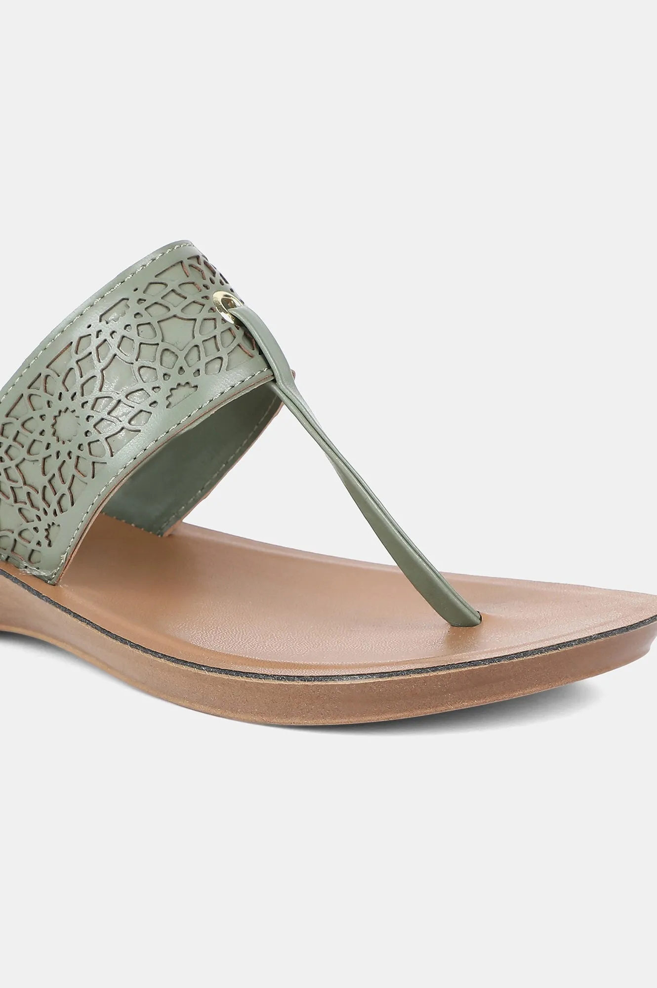 Green Almond Toe Laser Cut Wedge - ZCynthia