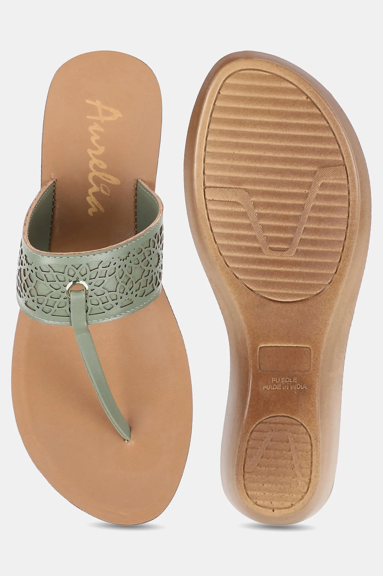 Green Almond Toe Laser Cut Wedge - ZCynthia