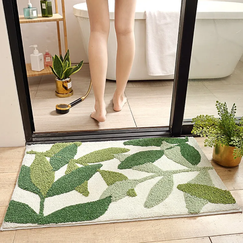 Green Leaves Microfiber Bathroom Floor Mat Carpet