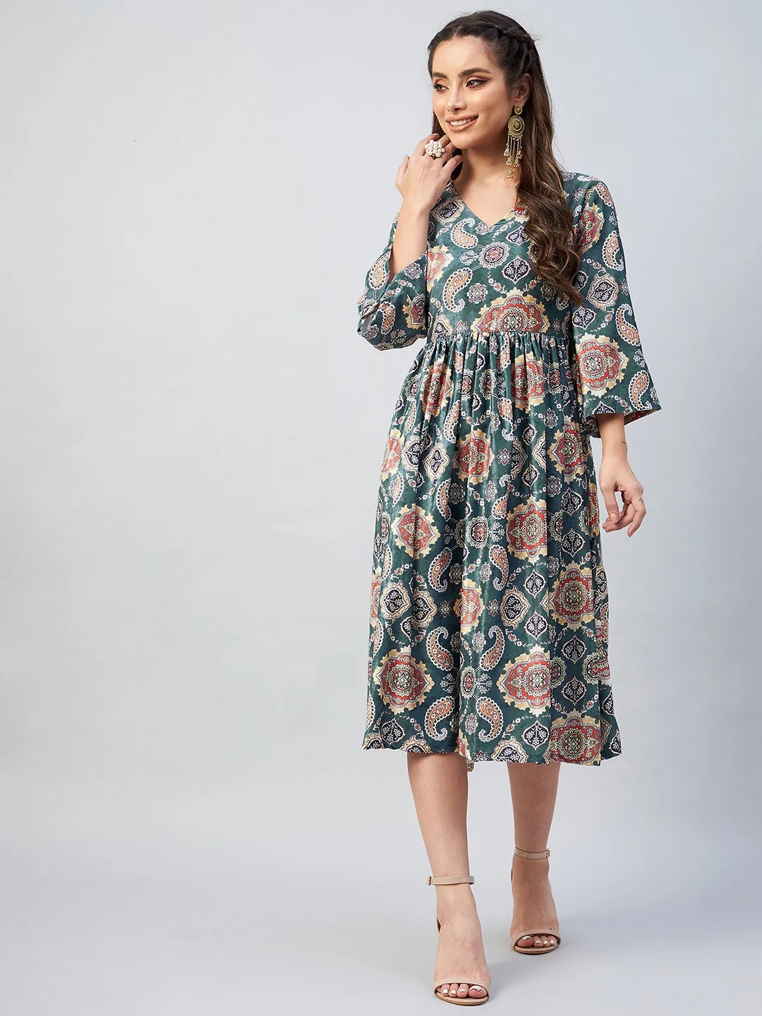 Green Printed Velvet Dress