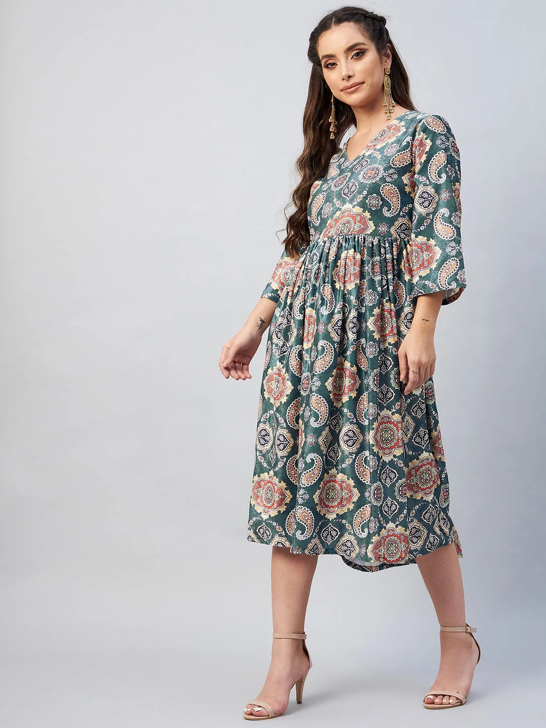 Green Printed Velvet Dress