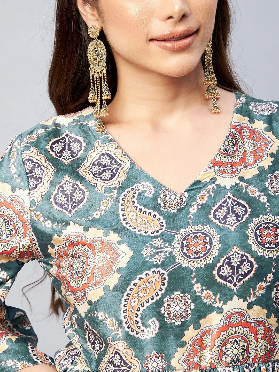 Green Printed Velvet Dress
