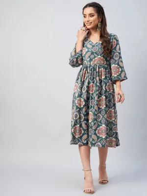 Green Printed Velvet Dress