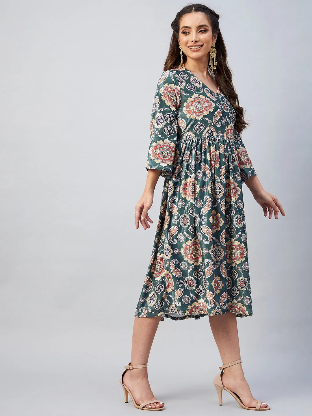 Green Printed Velvet Dress