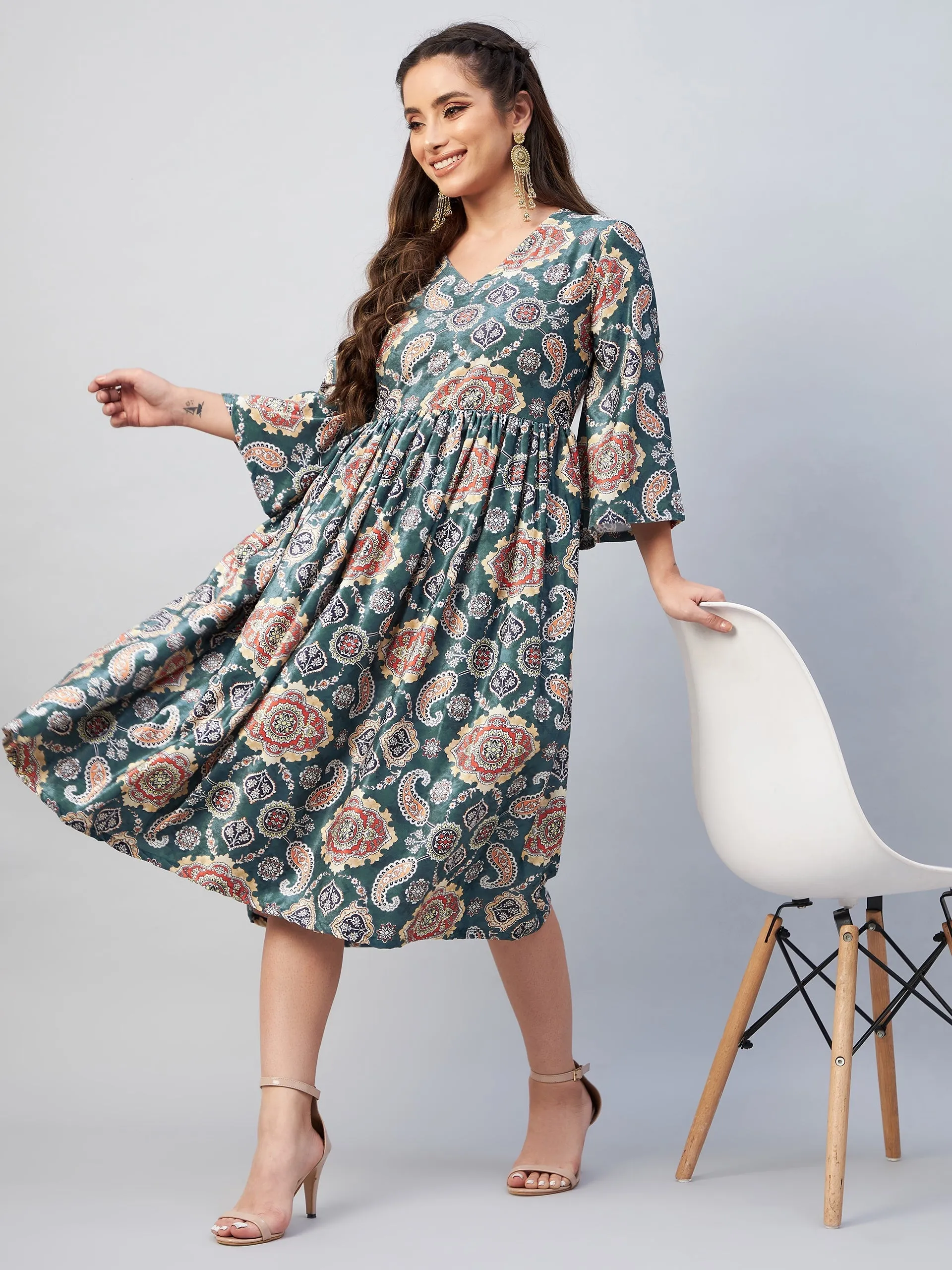 Green Printed Velvet Dress