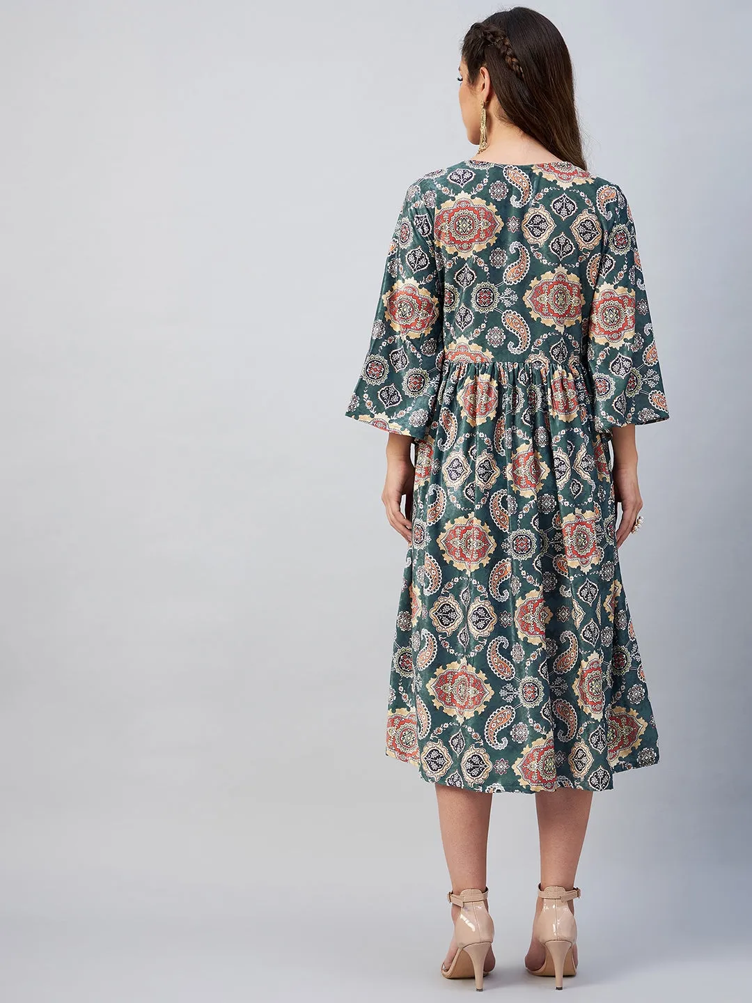 Green Printed Velvet Dress