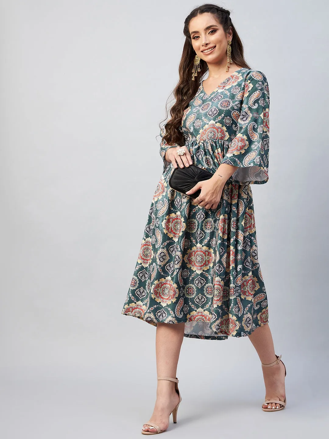 Green Printed Velvet Dress