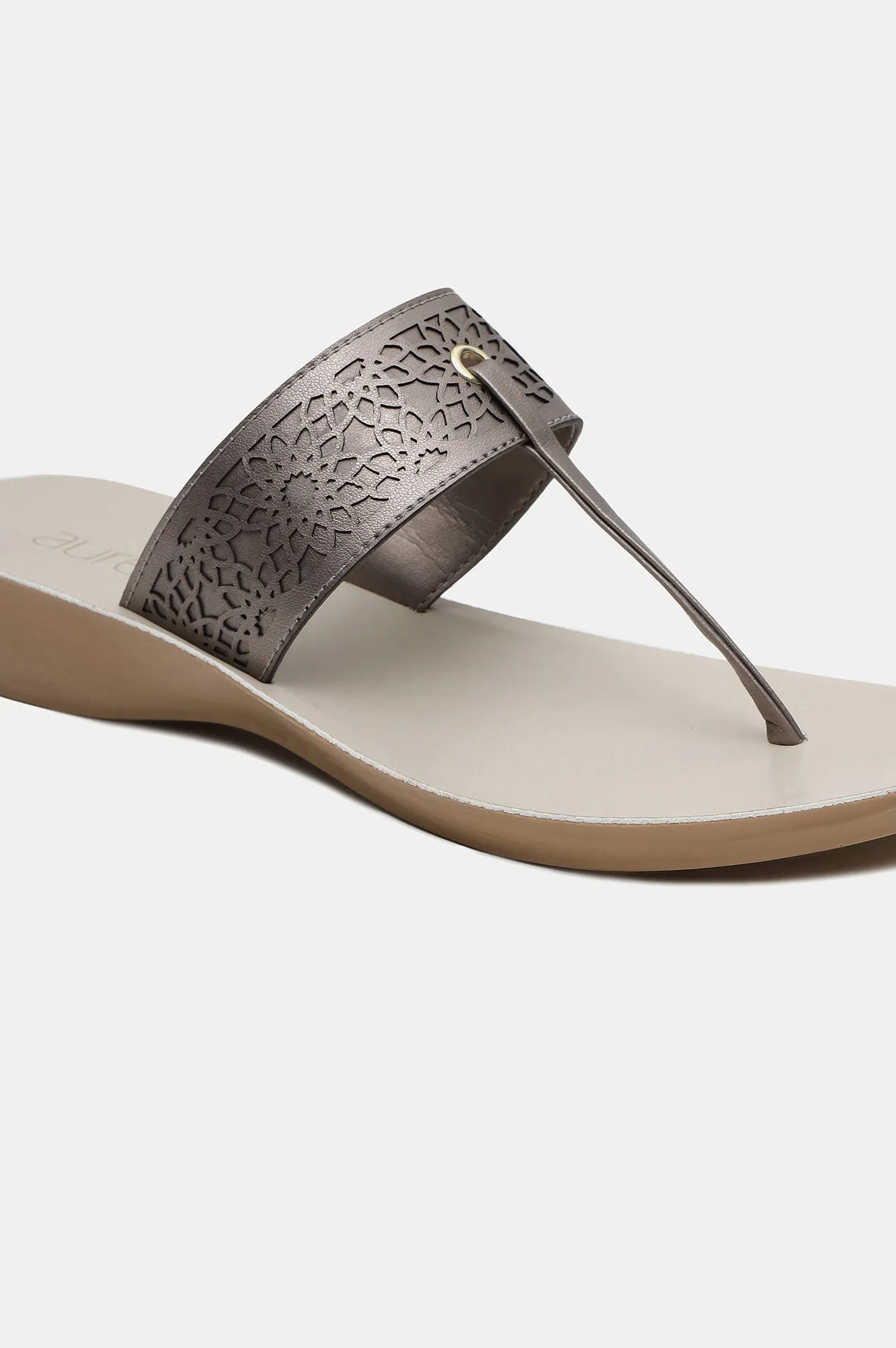 Gunmetal Almond Toe Laser Cut Wedge-ZCYNTHIA