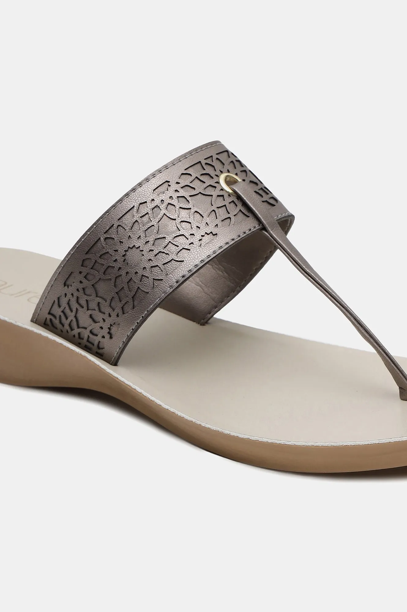 Gunmetal Almond Toe Laser Cut Wedge-ZCYNTHIA
