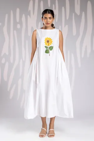 Handpainted Boat Neck Long Dress - White