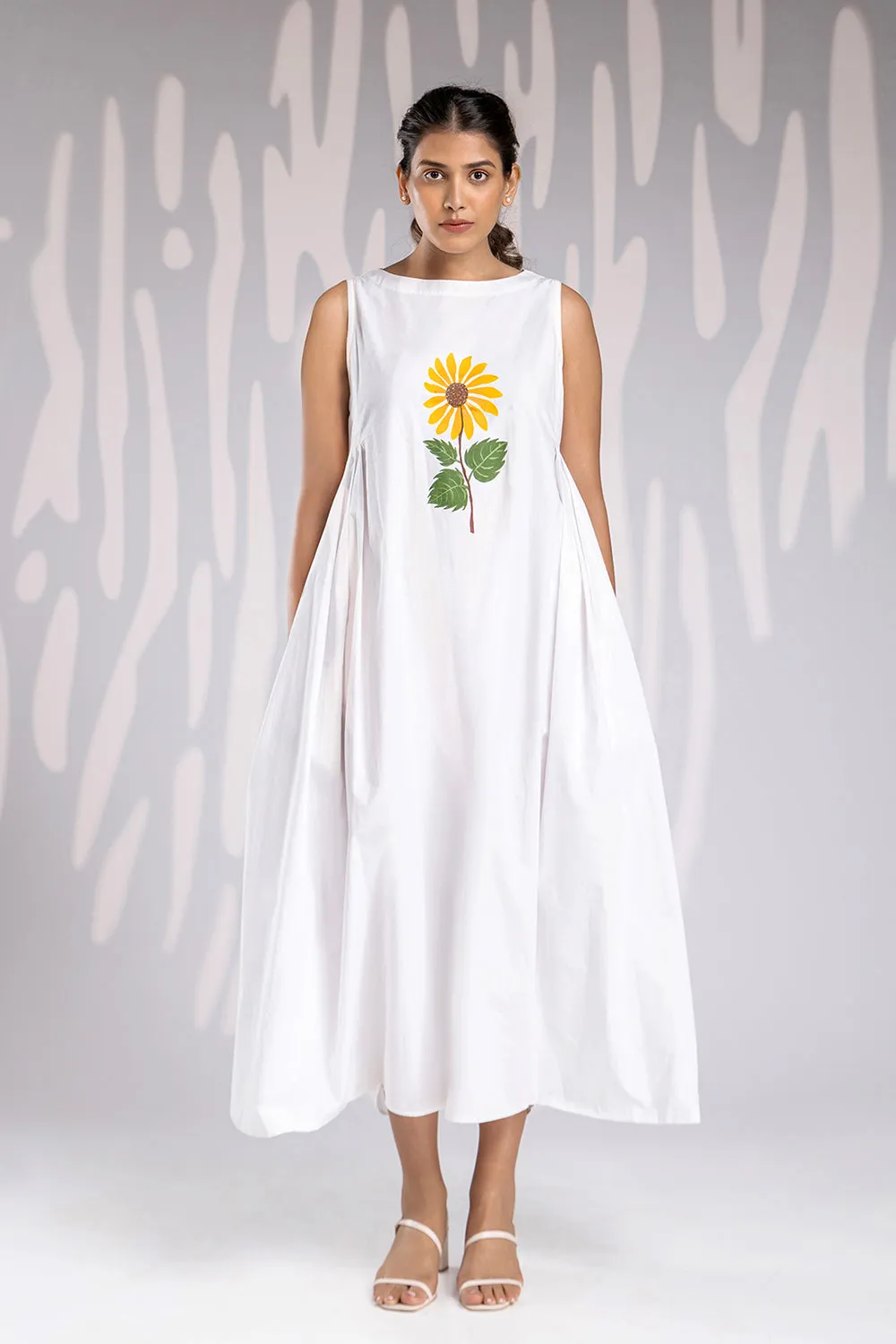 Handpainted Boat Neck Long Dress - White