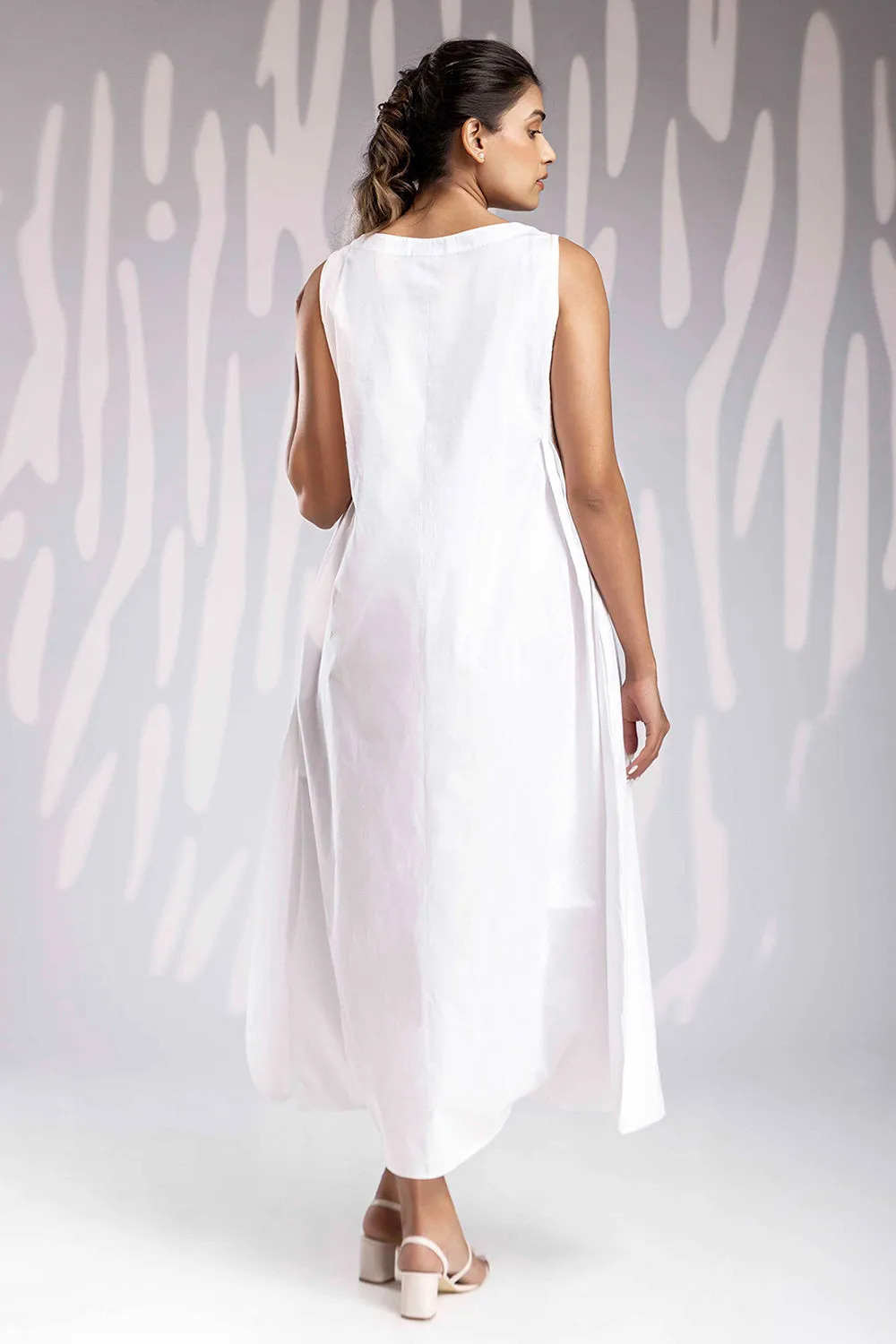 Handpainted Boat Neck Long Dress - White