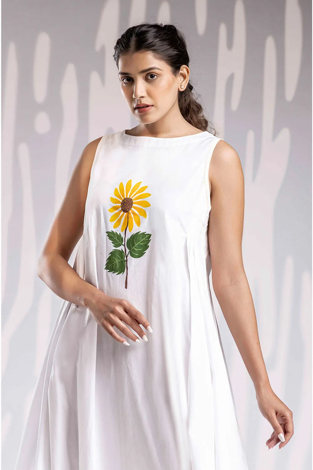 Handpainted Boat Neck Long Dress - White