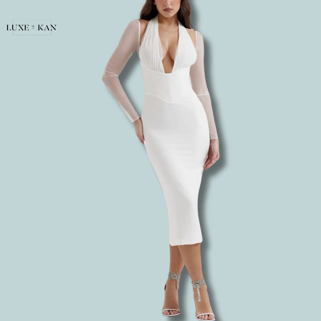 House of CB YASMIN 
WHITE PLUNGE MIDI DRESS