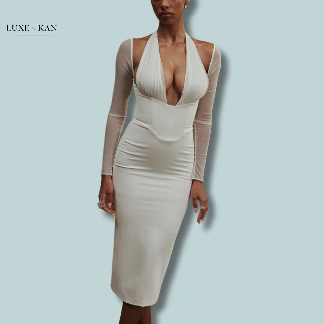 House of CB YASMIN 
WHITE PLUNGE MIDI DRESS