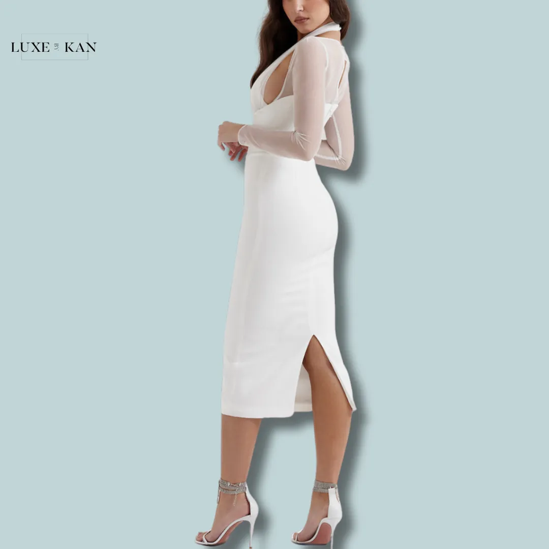 House of CB YASMIN 
WHITE PLUNGE MIDI DRESS