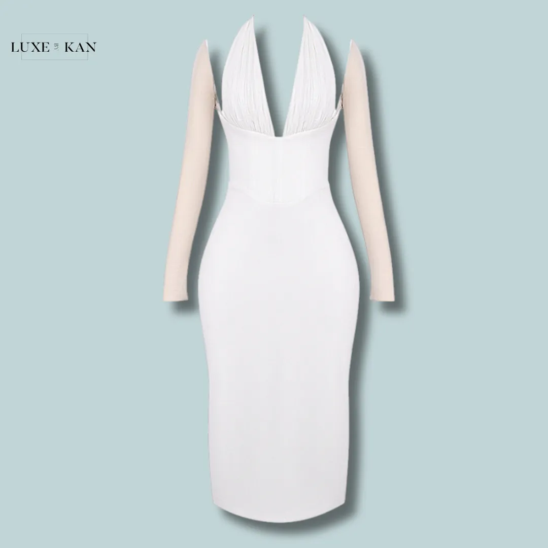 House of CB YASMIN 
WHITE PLUNGE MIDI DRESS