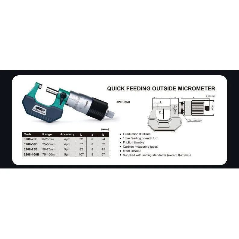 Insize Outside Micrometer Quick Feeding  0-25mm Range Series 3208-25B