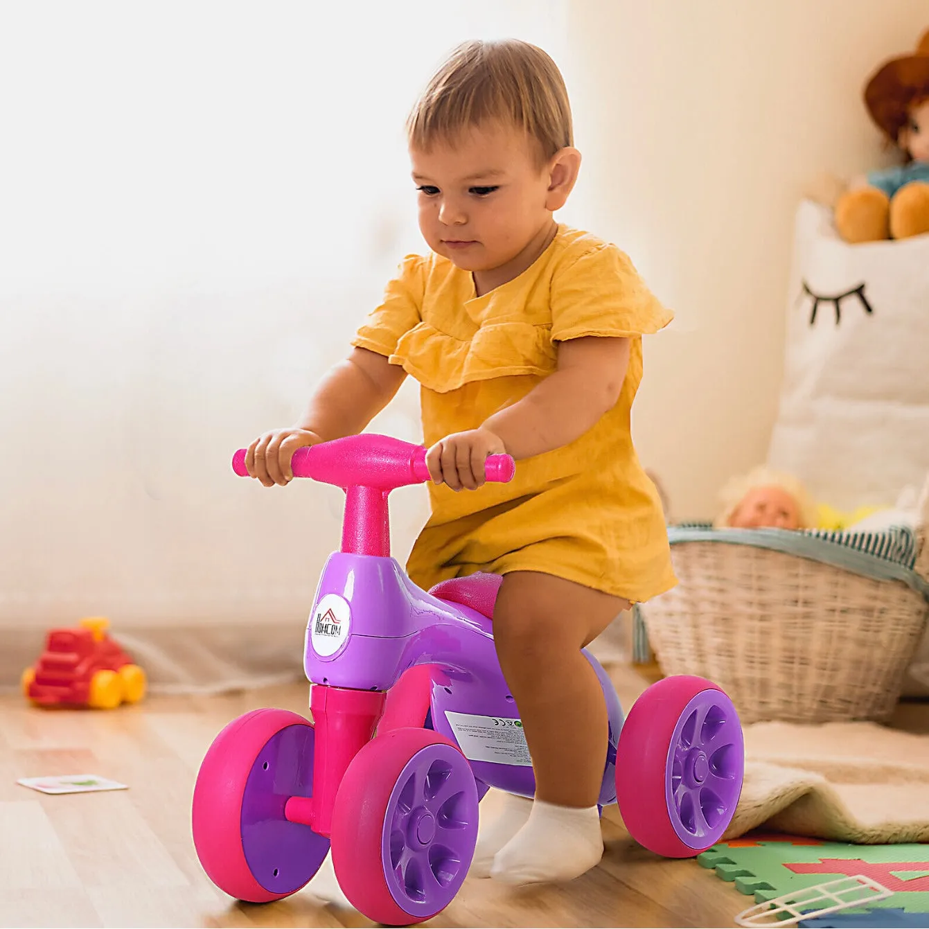 Kids 4 Wheel Push Along Bike with Sound | Balance Bike | Storage | Pink Purple | 18-36m