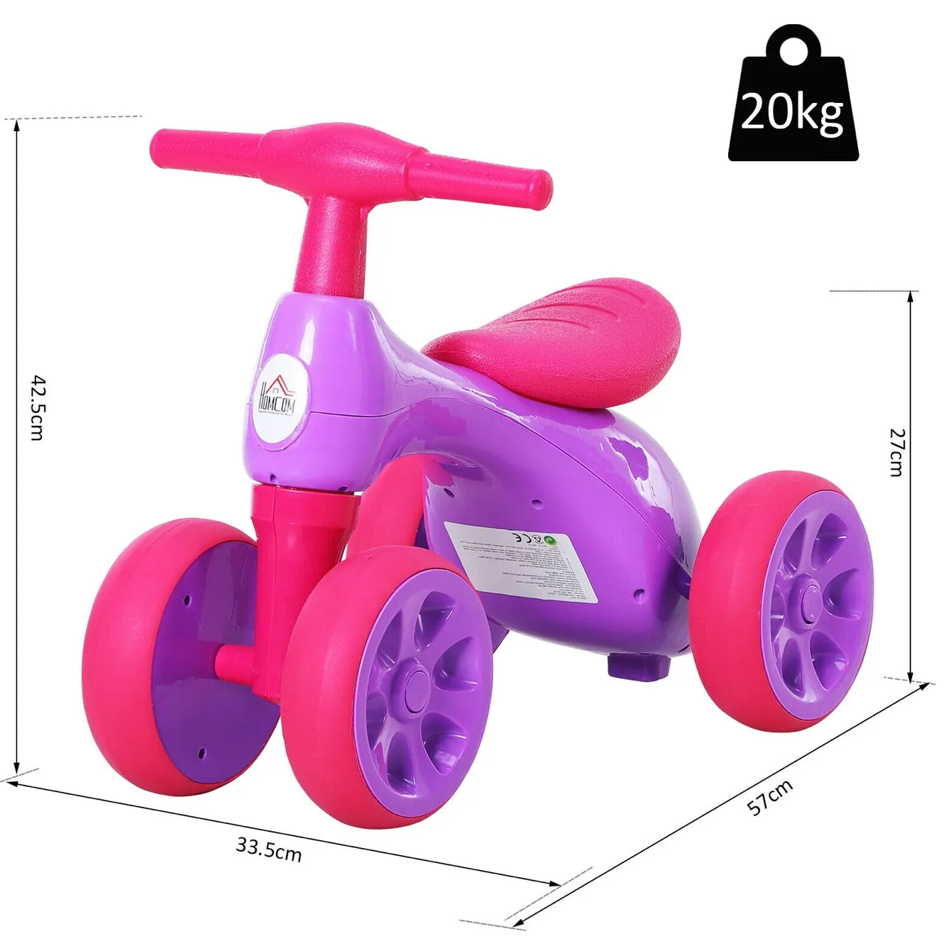 Kids 4 Wheel Push Along Bike with Sound | Balance Bike | Storage | Pink Purple | 18-36m