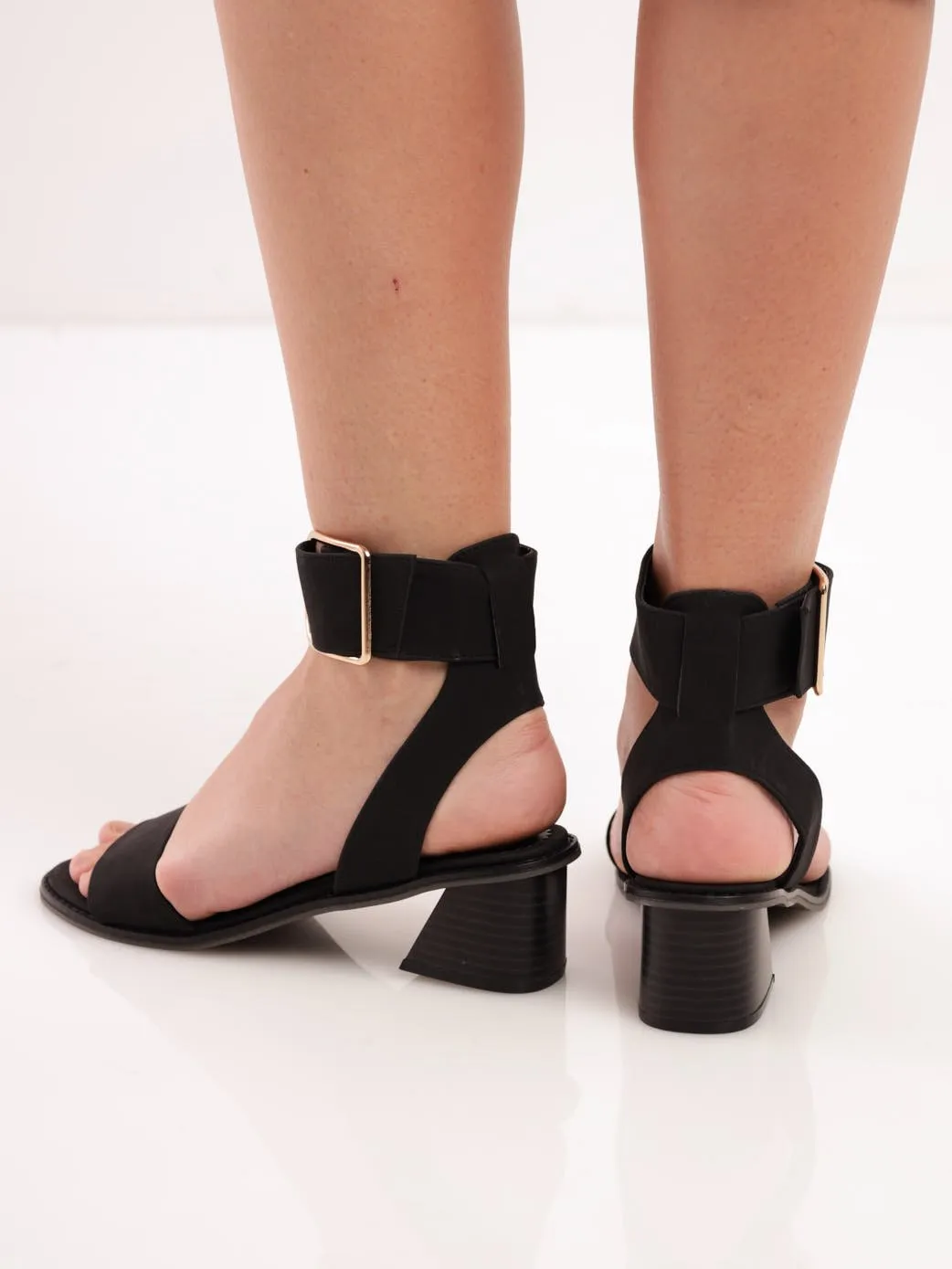 Ladies Big Buckle Shaped Low Block Heel - Black