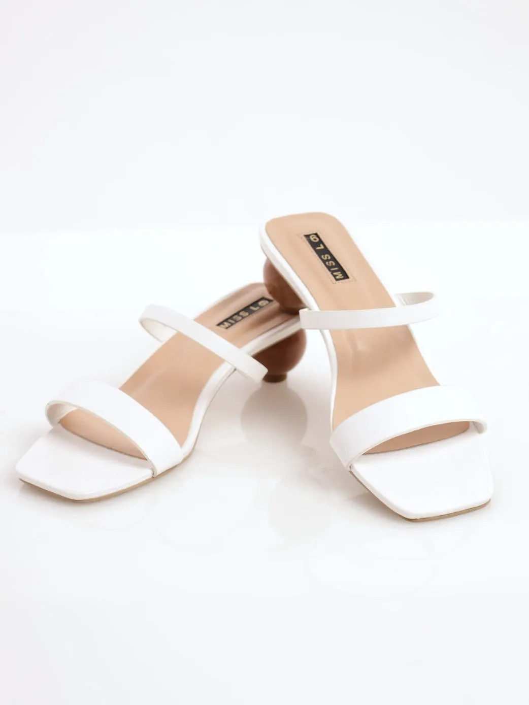 Ladies Double Strap Wood Round Shaped Low Heel - White
