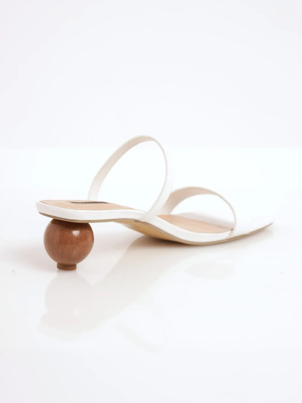 Ladies Double Strap Wood Round Shaped Low Heel - White