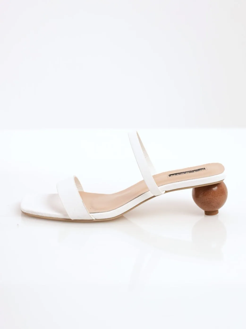 Ladies Double Strap Wood Round Shaped Low Heel - White