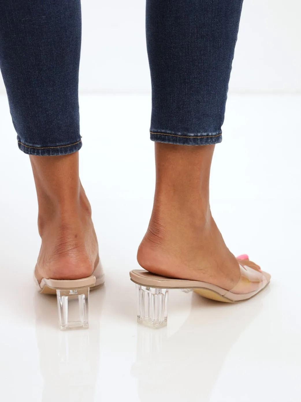 Ladies Low Perspex Block Vinyl Mule Heel - Clear