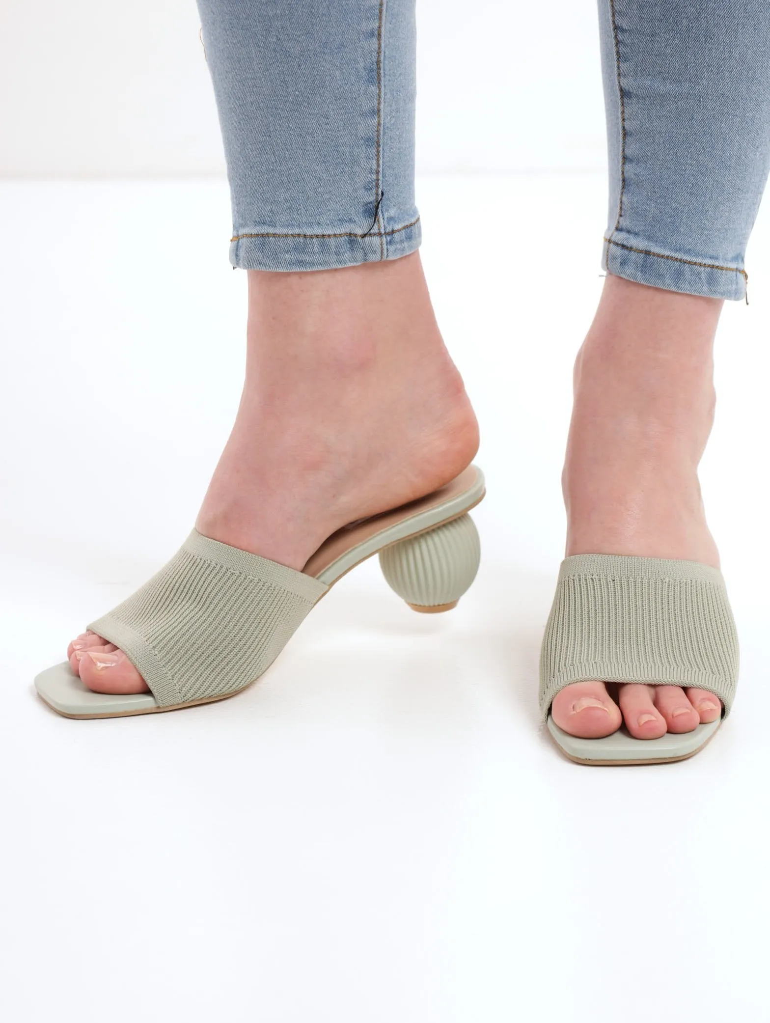 Ladies Mule Knitted On Round Low Heel - Sage