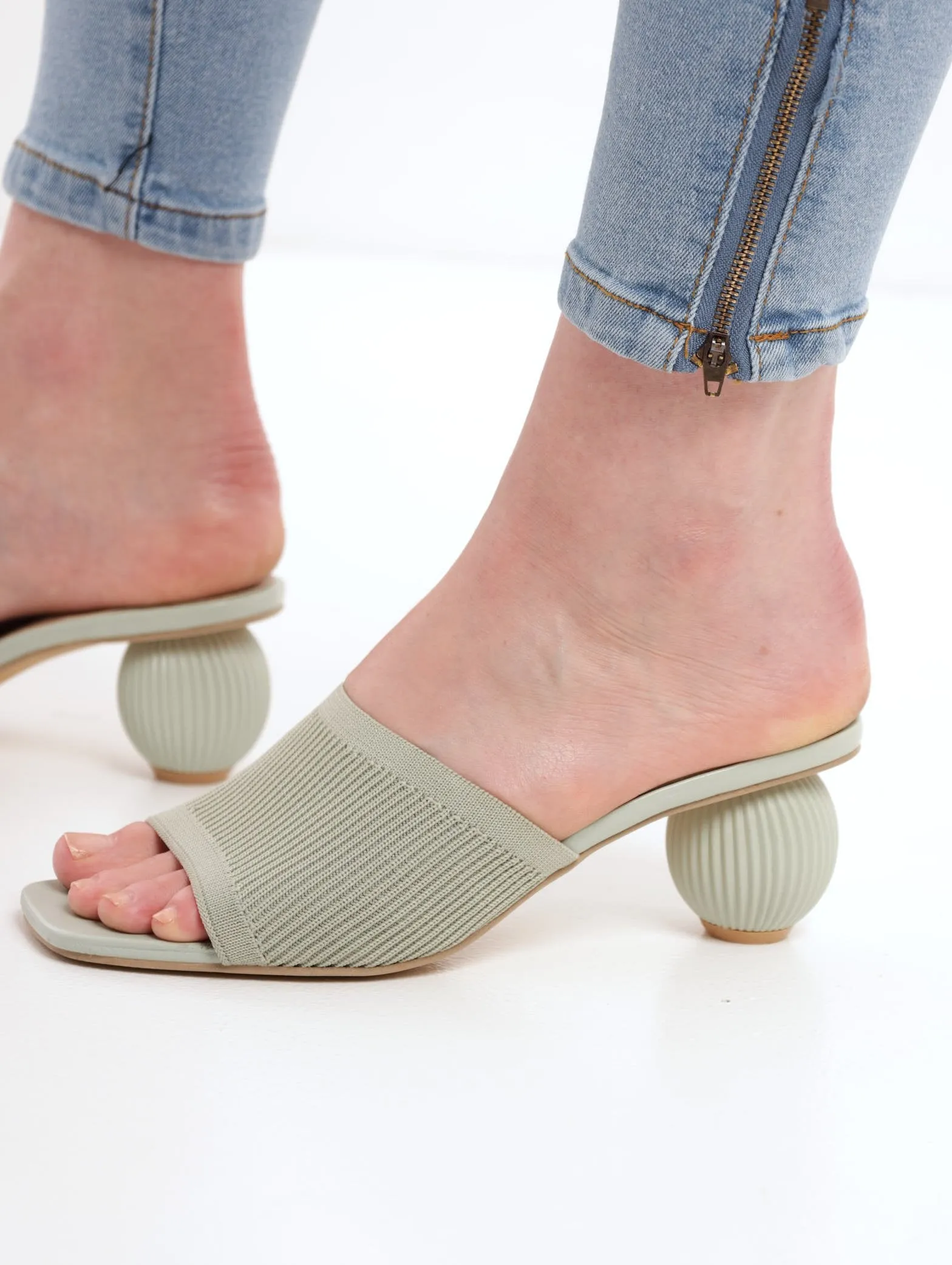 Ladies Mule Knitted On Round Low Heel - Sage