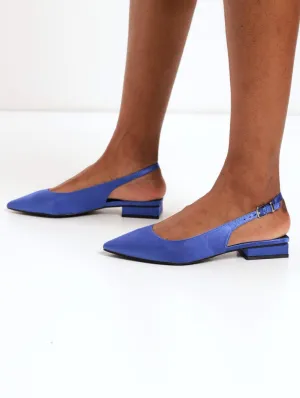 Ladies Satin Low Block Heel Slingback Pointy Shoe - Navy