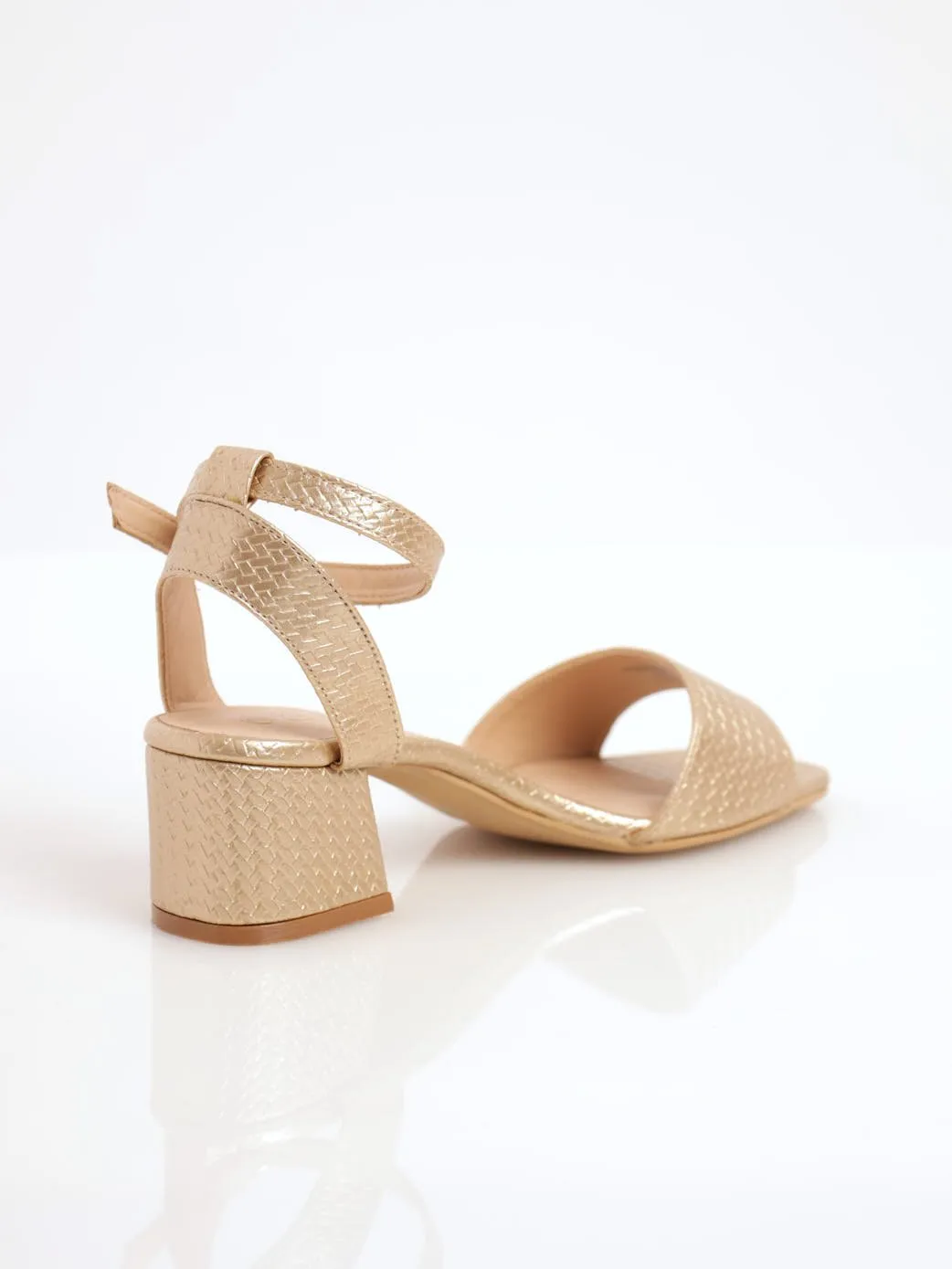 Ladies Shaped Vamp Low Block Heel Ankle Strap Sandal - Gold