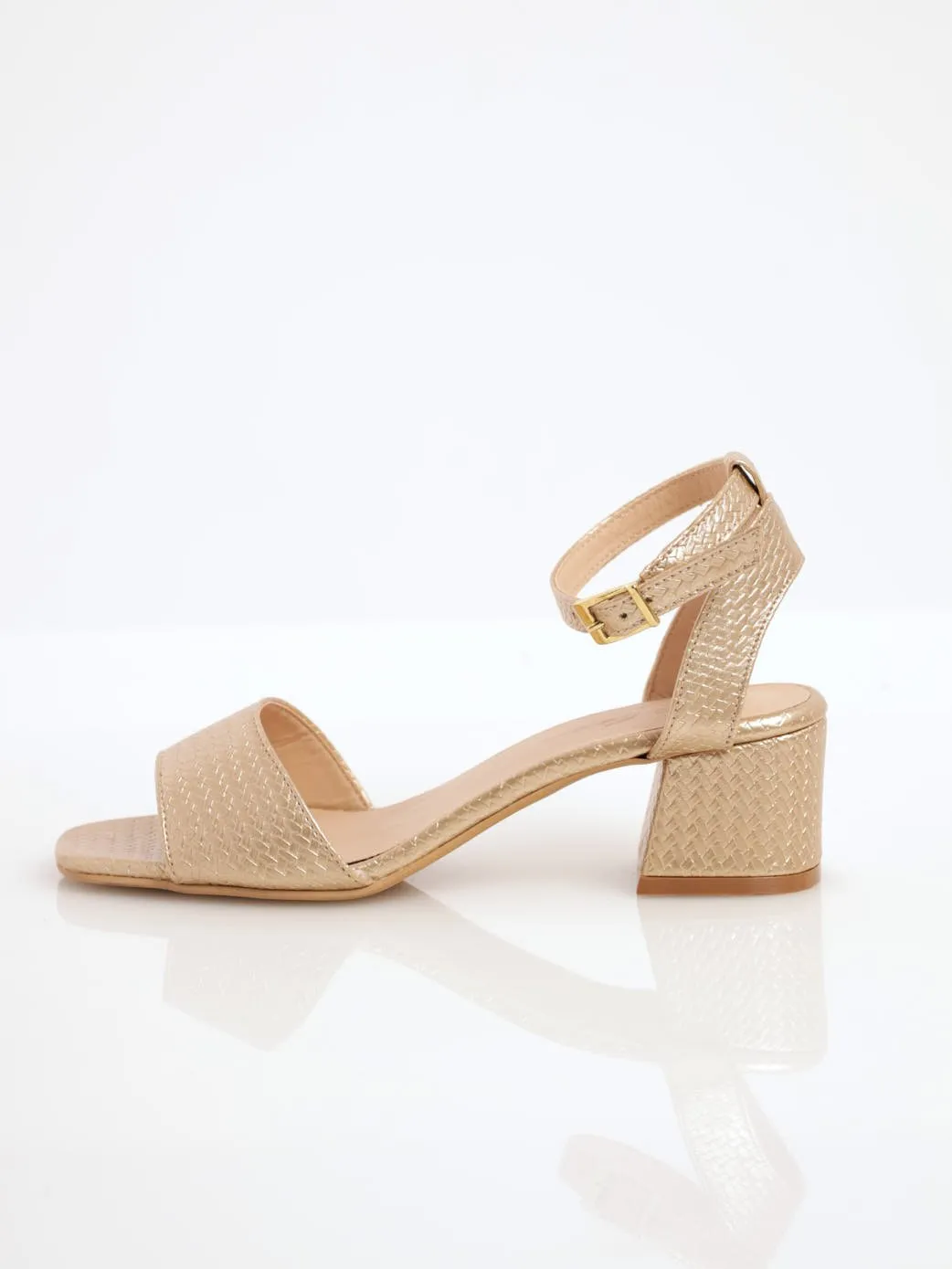 Ladies Shaped Vamp Low Block Heel Ankle Strap Sandal - Gold