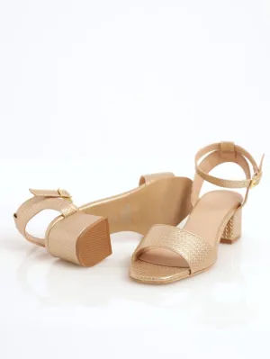 Ladies Shaped Vamp Low Block Heel Ankle Strap Sandal - Gold