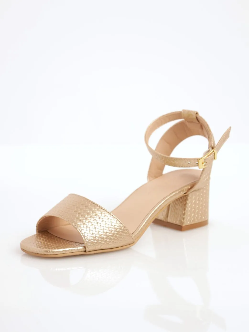 Ladies Shaped Vamp Low Block Heel Ankle Strap Sandal - Gold