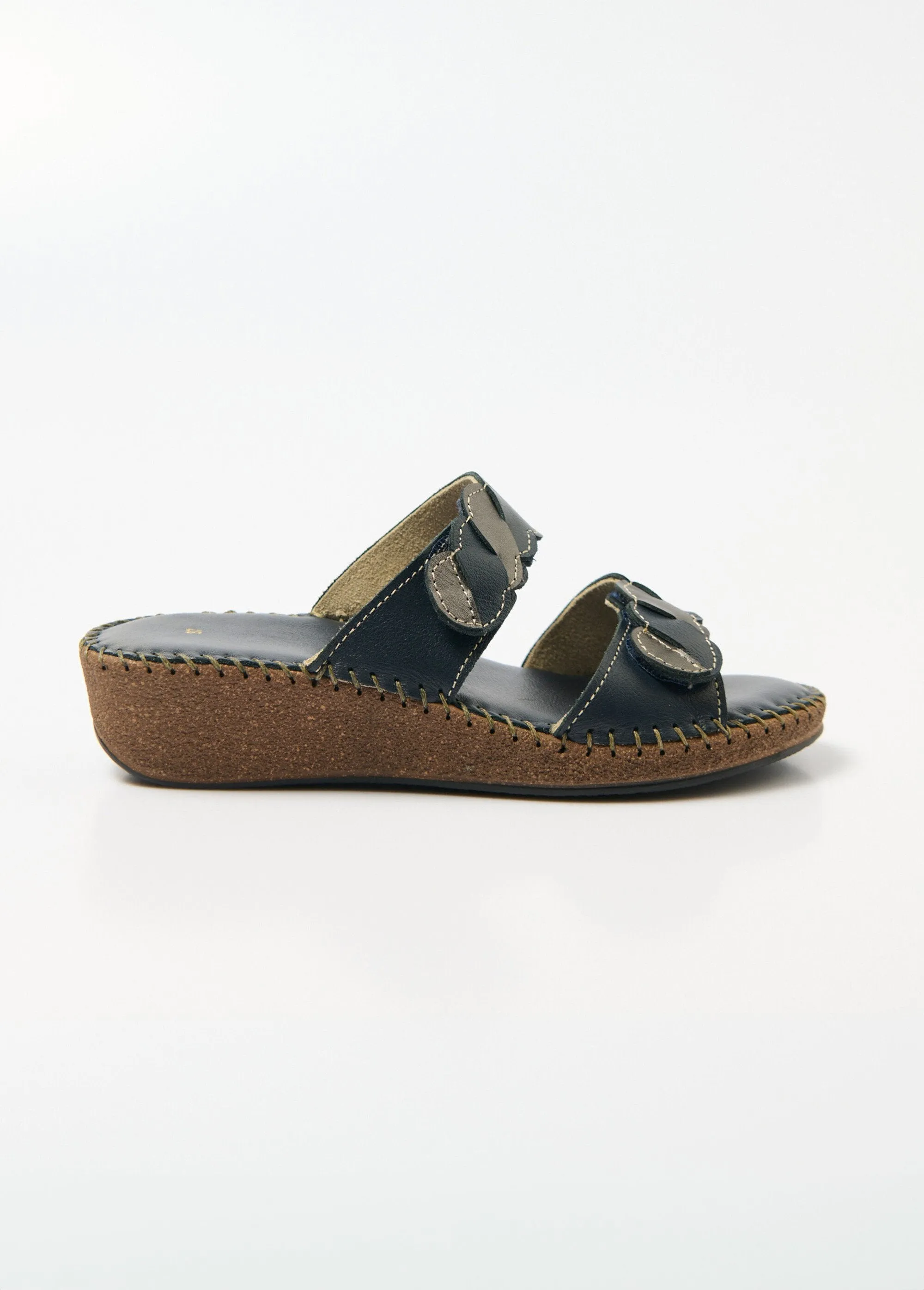 Leather wedge velcro mules, comfort width