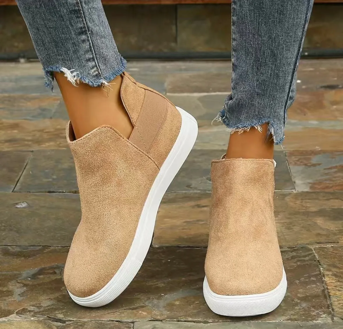 Light brown suede flat wedges