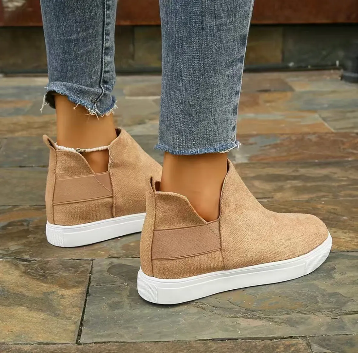 Light brown suede flat wedges