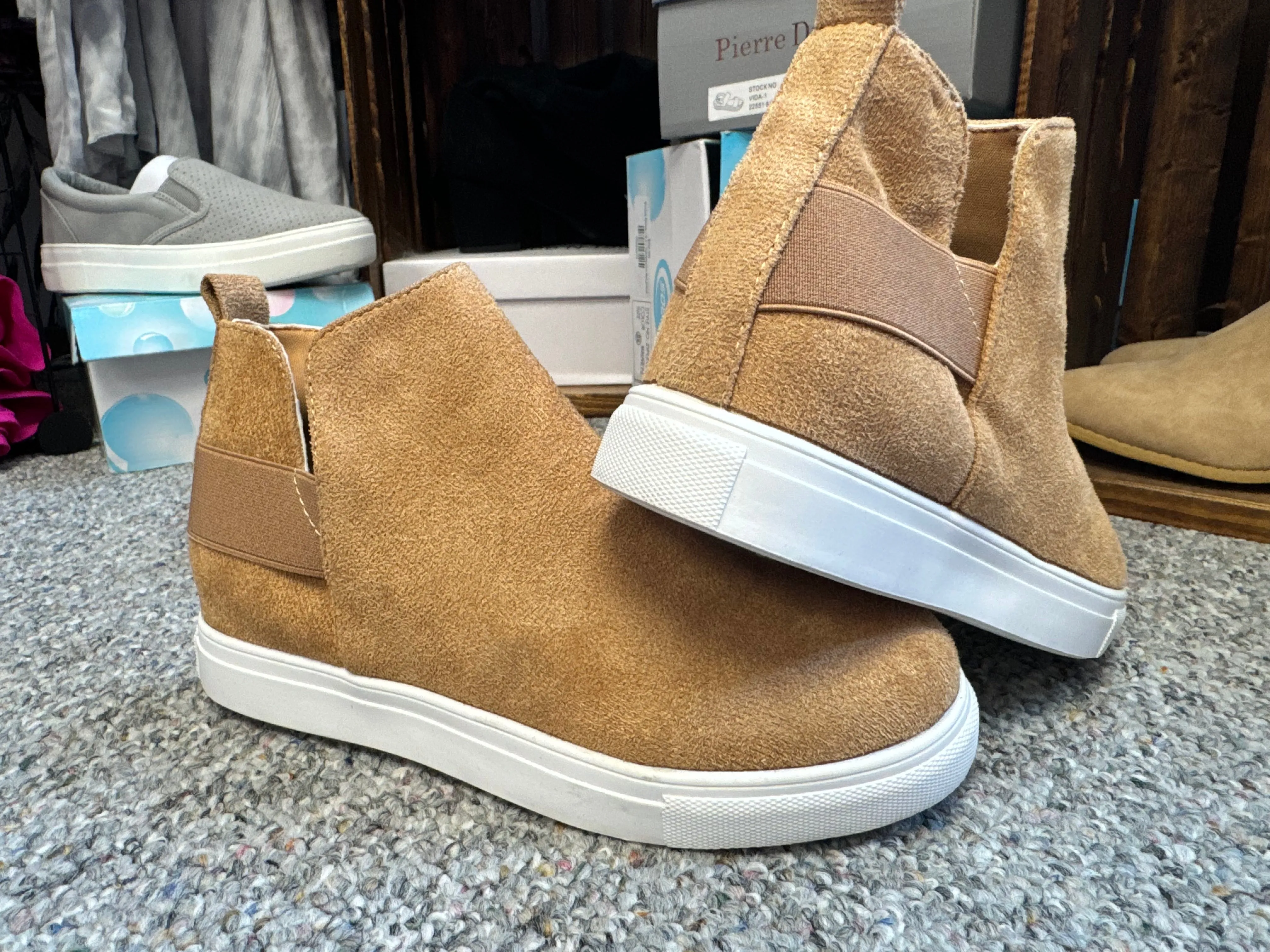 Light brown suede flat wedges