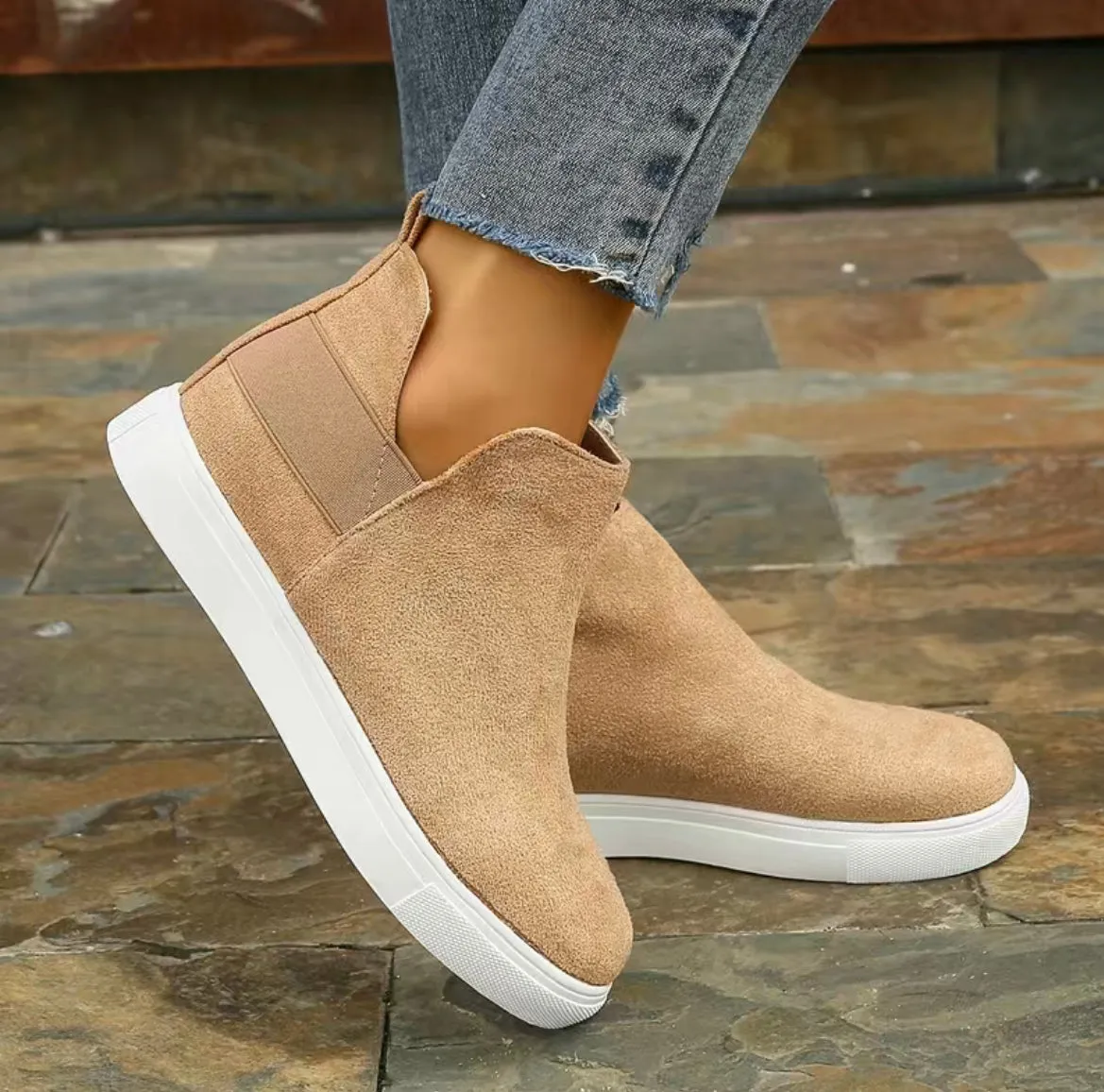 Light brown suede flat wedges