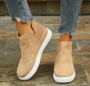 Light brown suede flat wedges