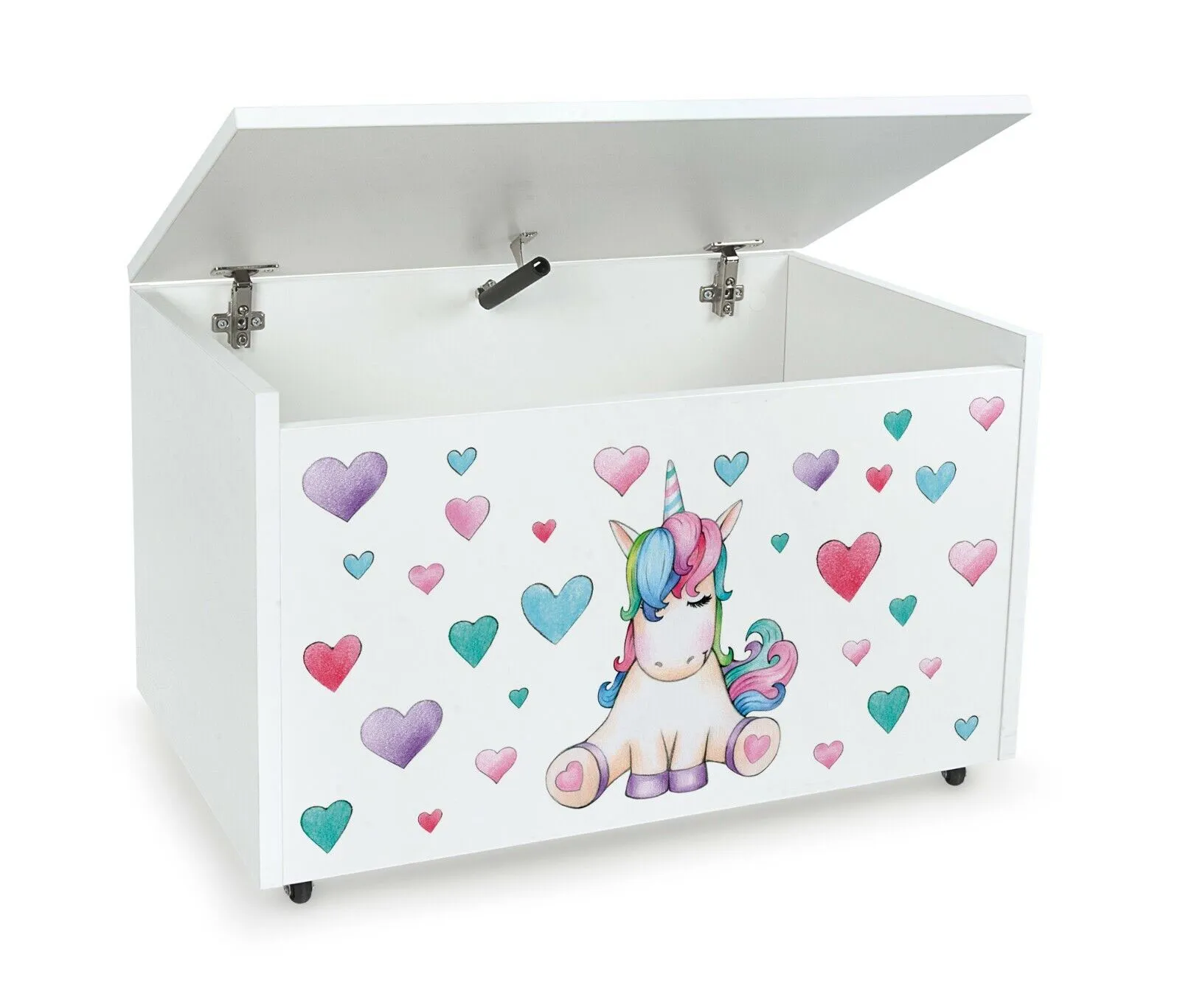 Montessori Unicorn Toy Box with Slow Close Safety Hinge | White | Pastels | H:46 x W:71.5 x D:40 cm
