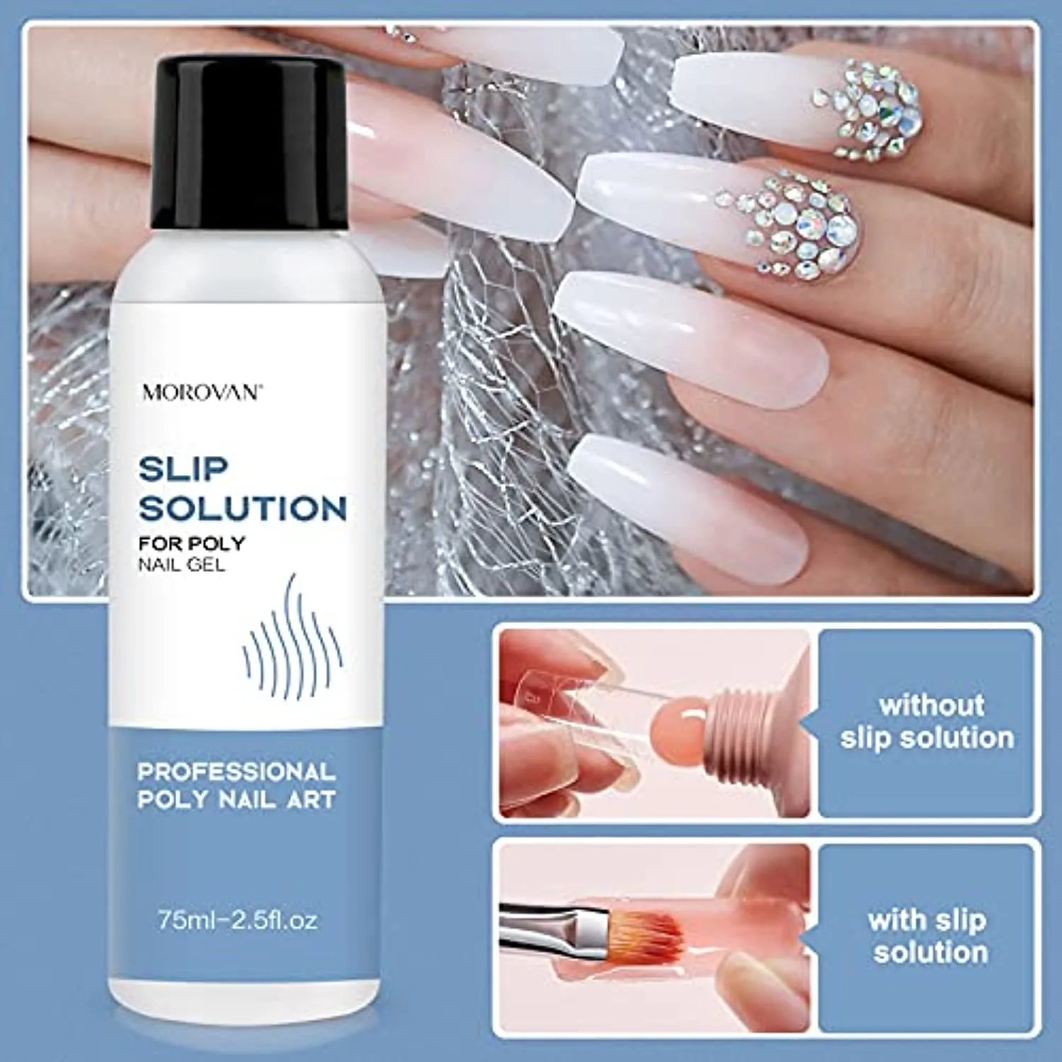 Morovan Slip Solution Poly Gel 2.5oz Nail Extension Gel Slip Solution Anti-stick Gel Solution Liquid With Brush Nail Tips Clips Crystal Cup for Poly Nail Gel Nail Art Kit Easy DIY