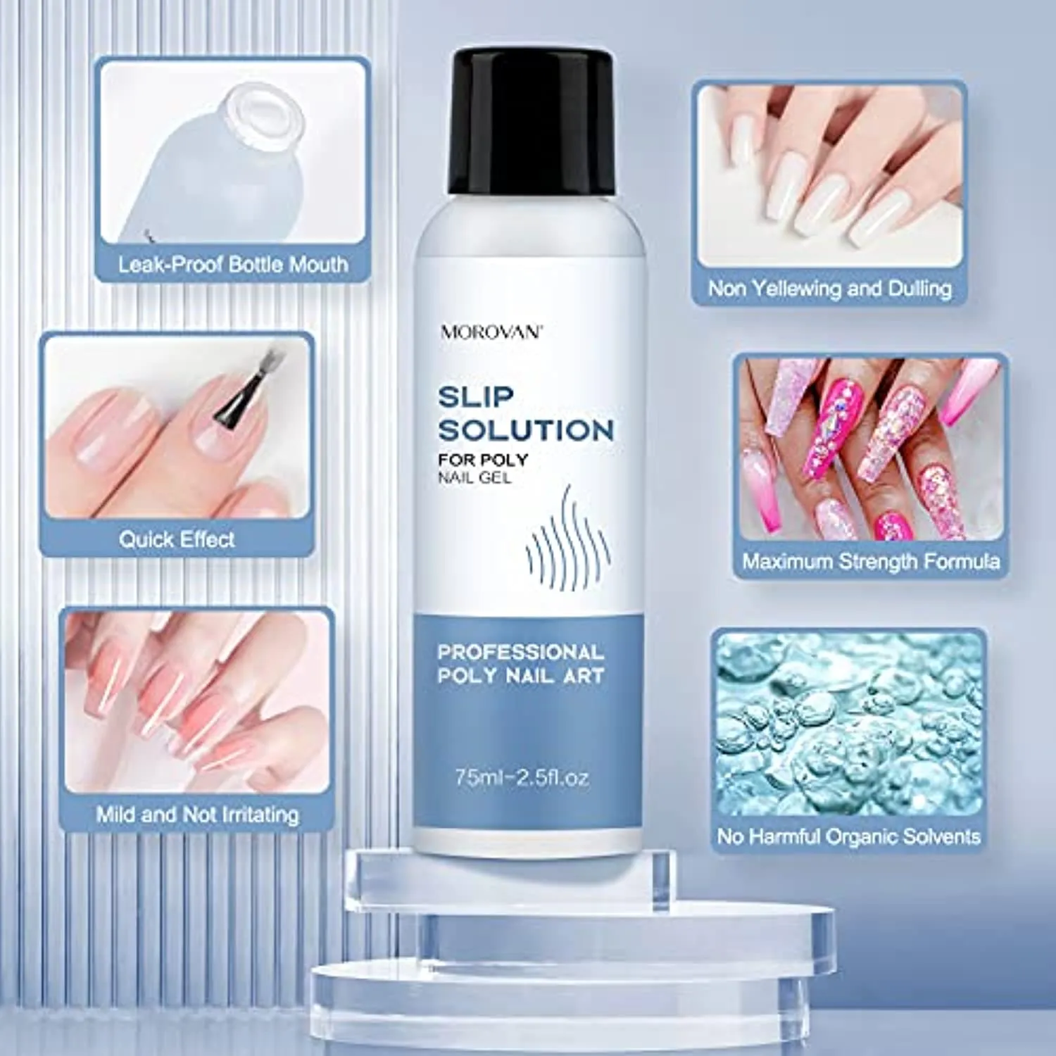 Morovan Slip Solution Poly Gel 2.5oz Nail Extension Gel Slip Solution Anti-stick Gel Solution Liquid With Brush Nail Tips Clips Crystal Cup for Poly Nail Gel Nail Art Kit Easy DIY