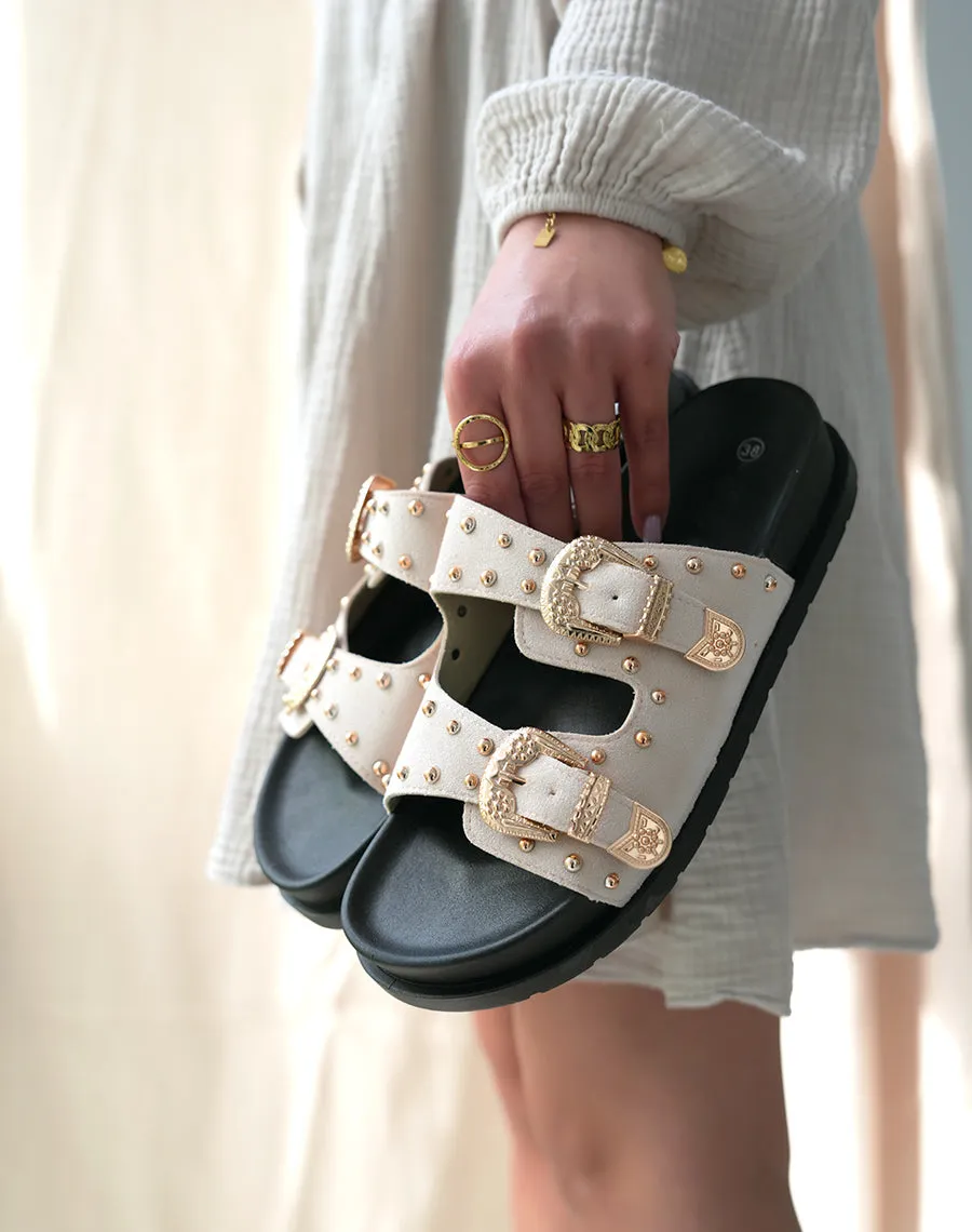 Mules Beiges en Suédine avec Sangles Cloutées – Chic Bohème au Quotidien