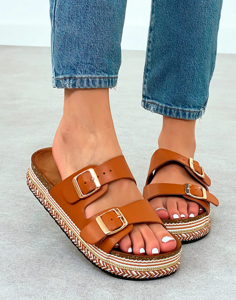 Mules Camel à Triple Sangle et Plateforme Tressée Femme