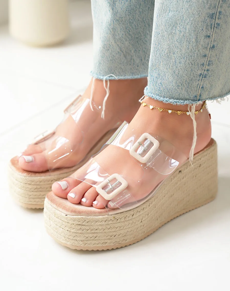 Mules compensées femme transparentes avec sangles en suédine beige et talon en corde tissée